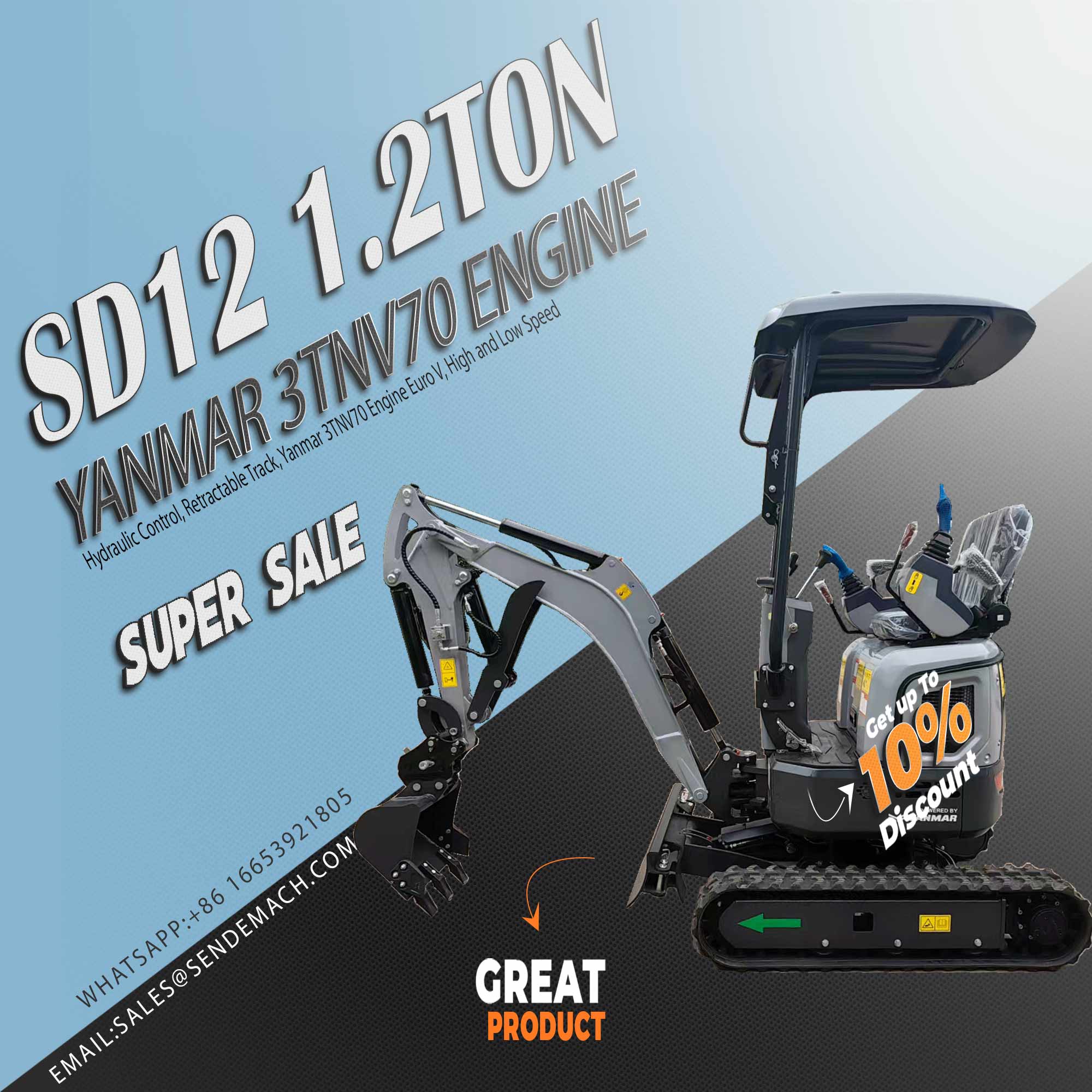 SD12 1.2 Ton Mini Excavator with Yanmar 